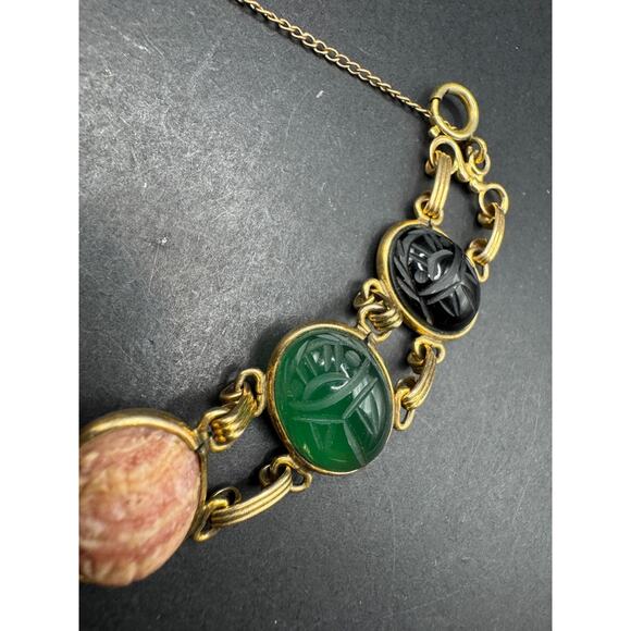 Vintage Signed 12k Gold Filled Multi Gemstone Cabochon Carved Scarab Bracelet 7" - Picture 4 of 11